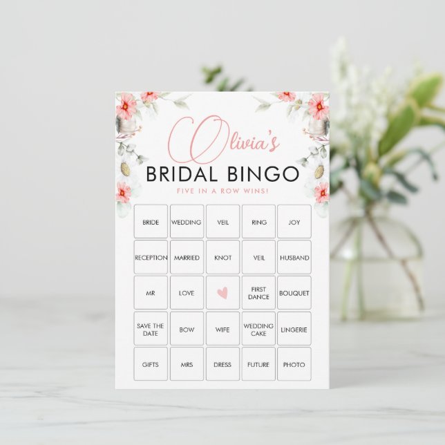 Elegant Pink Eucalipt Wildflowers Bingo Game Card (Standing Front)
