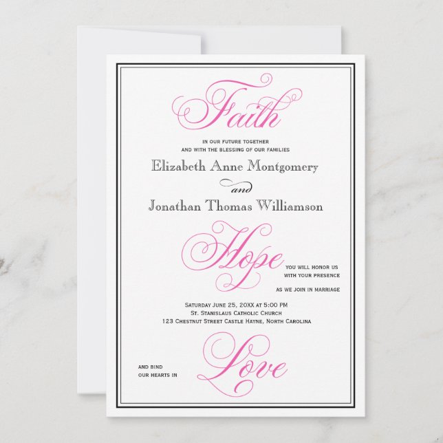 Elegant Pink Faith Hope Love Wedding Invitation (Front)