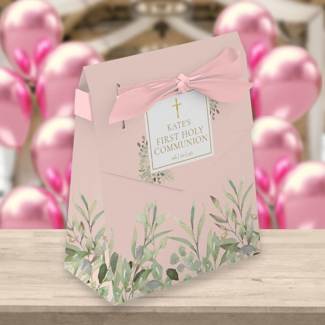 Elegant Pink First Holy Communion Greenery Floral Favor Box (Creator Uploaded)