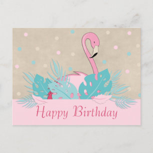 Elegant Pink Flamingo and Tropical Leaves Postcard