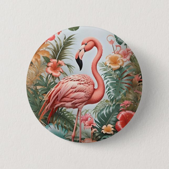 Elegant Pink Flamingo Bird and Tropical Flowers 2 Inch Round Button (Front)