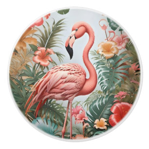 Elegant Pink Flamingo Bird and Tropical Flowers Ceramic Knob