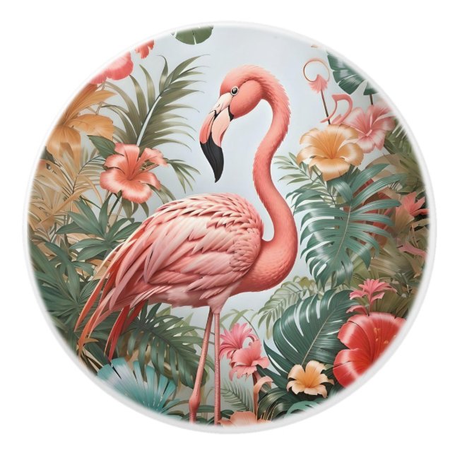 Elegant Pink Flamingo Bird and Tropical Flowers Ceramic Knob (Front)