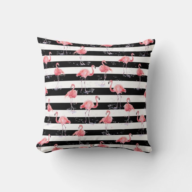 Elegant Pink Flamingo Black stripes pattern Throw Pillow (Front)