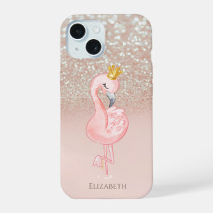 Elegant Pink Flamingo Crown Princess,Glitter Bokeh iPhone 15 Case