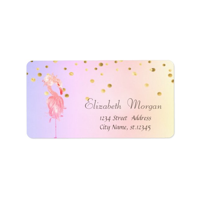Elegant Pink Flamingo Flower Confetti Holographic Label (Front)