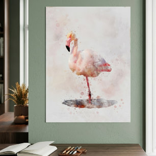 Elegant Pink Flamingo standing in Watercolor Poster