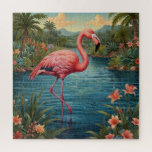 Elegant pink flamingo tropical paradise   jigsaw puzzle<br><div class="desc">A vintage paradise with this retro-style pink flamingo,  poised elegantly in a tranquil tropical lagoon.</div>