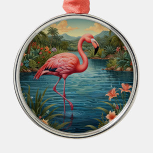 Elegant pink flamingo tropical paradise   metal ornament