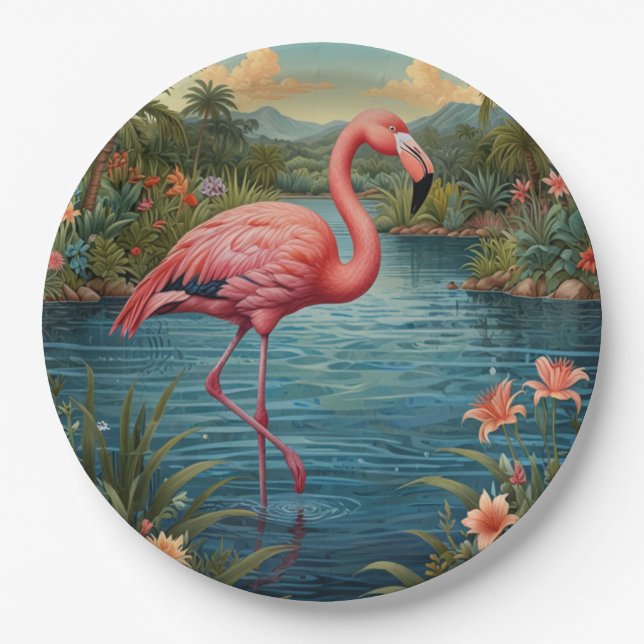 Elegant pink flamingo tropical paradise   paper plate (Front)