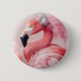 Elegant Pink Flamingo with Pearls and Feathers  2 Inch Round Button