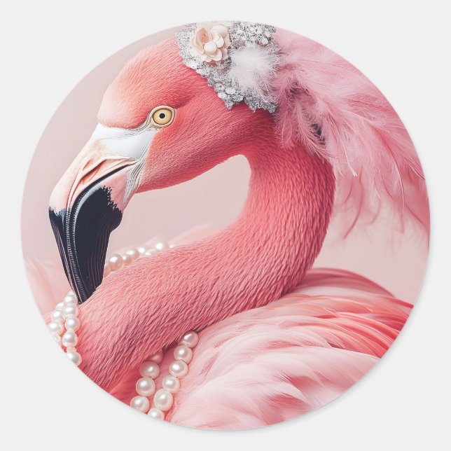 Elegant Pink Flamingo with Pearls and Feathers  Classic Round Sticker (Front)