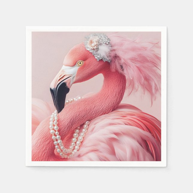 Elegant Pink Flamingo with Pearls and Feathers  Napkin (Front)