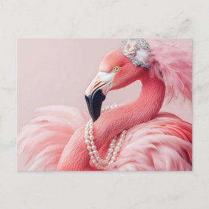 Elegant Pink Flamingo with Pearls and Feathers Postcard