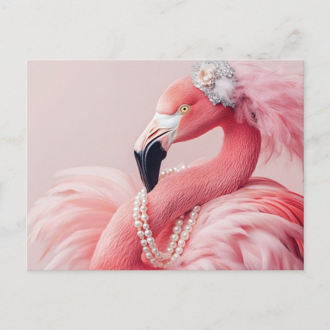 Elegant Pink Flamingo with Pearls and Feathers  Postcard (Front)