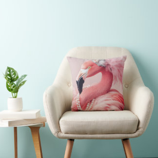 Elegant Pink Flamingo with Pearls and Feathers  Throw Pillow