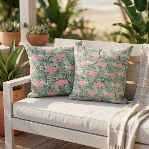 Elegant Pink Flamingoes Green Palm Leaves Pattern Outdoor Pillow