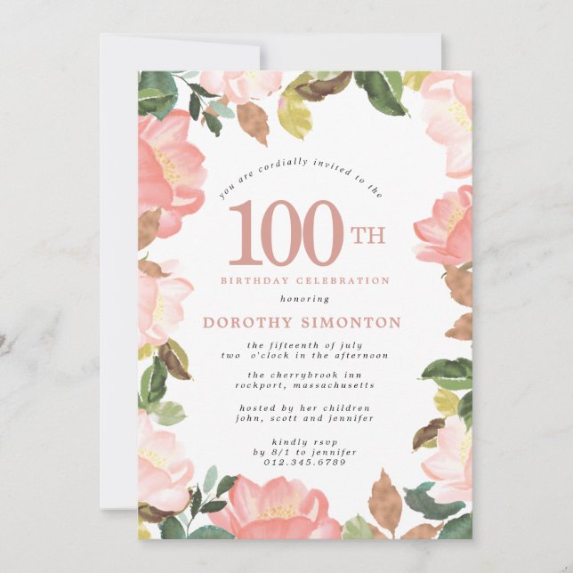 Elegant Pink Floral 100th Birthday Invitation (Front)