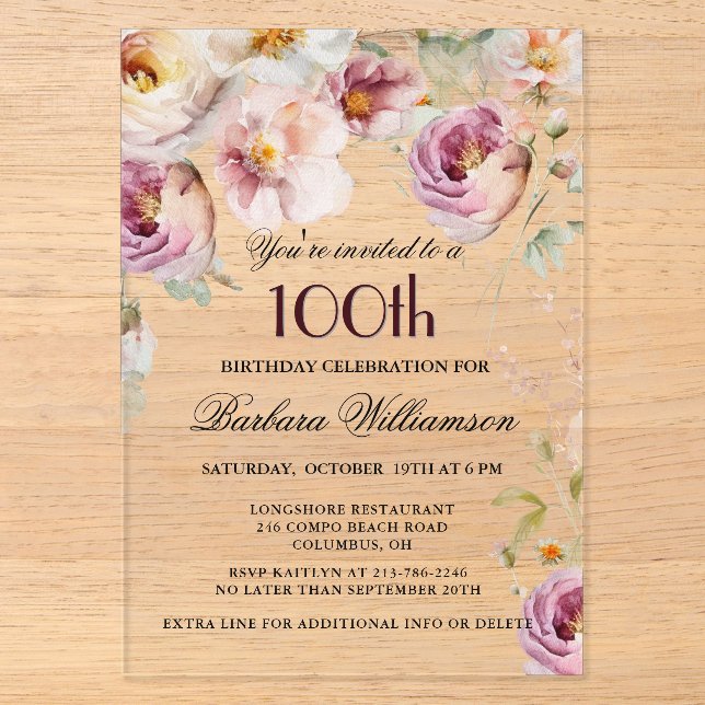 Elegant Pink Floral 100th Birthday Party Acrylic Invitations (Front)