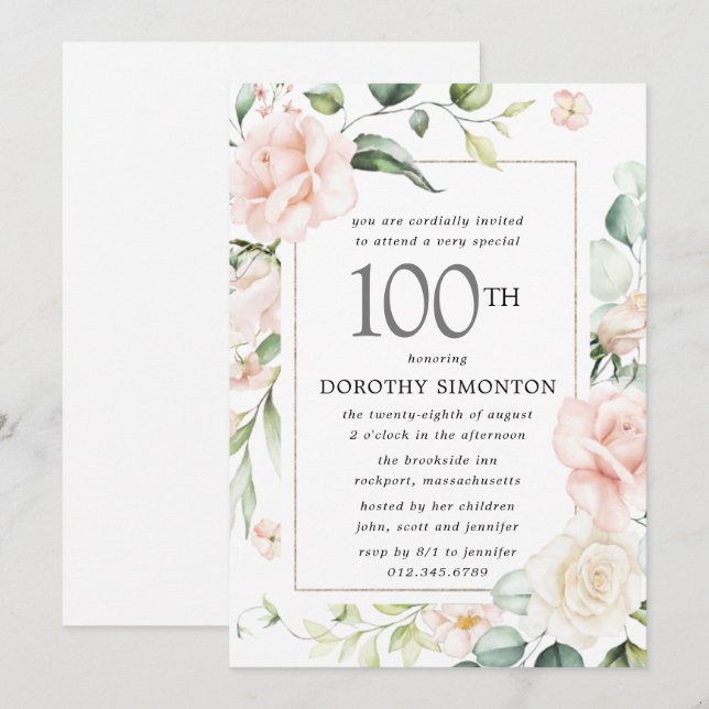 Elegant Pink Floral 100th Birthday Party Invitatio Invitation (Front/Back)
