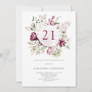 Elegant Pink Floral 21st Birthday Party  Invitation