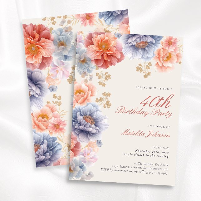 Elegant Pink Floral 40th Birthday Invitation (Elegant Pink Floral 40th Birthday Invitation)