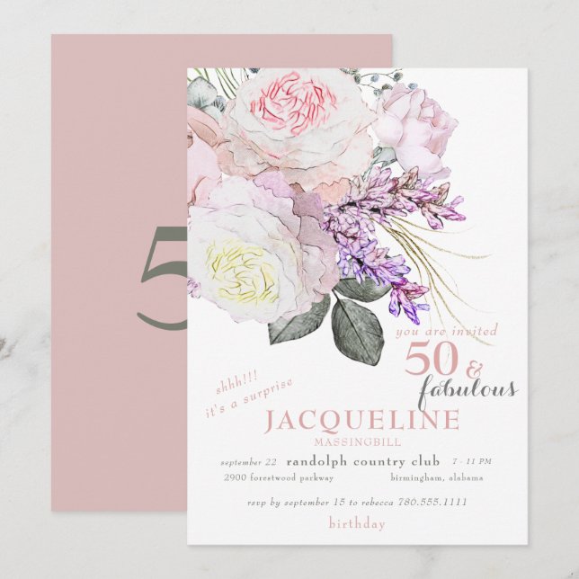Elegant Pink Floral 50 & Fabulous Birthday Party Invitation (Front/Back)
