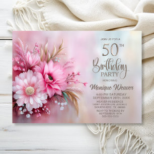 Elegant Pink Floral 50th Birthday Party Invitation