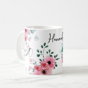 Elegant Pink Floral 50th Birthday Personalized Coffee Mug