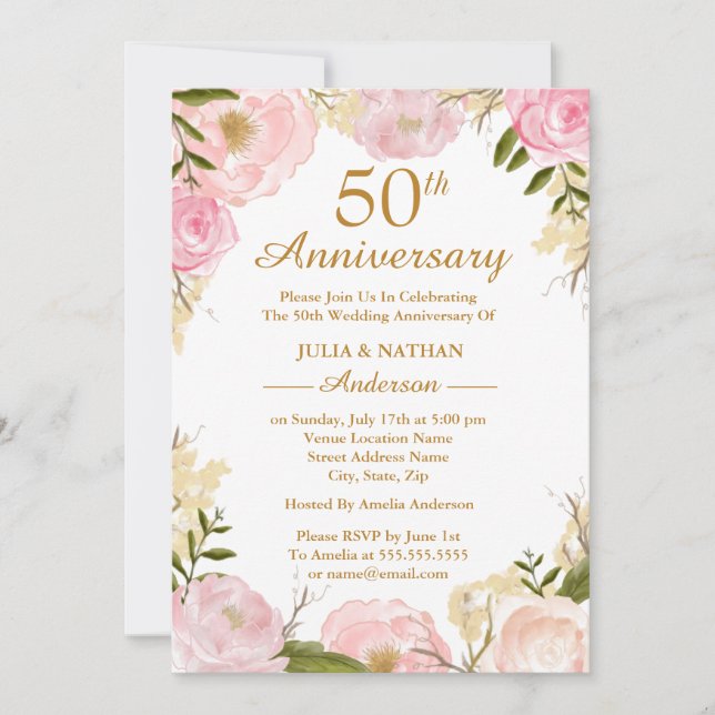 Elegant Pink Floral 50th Wedding Anniversary Invitation (Front)