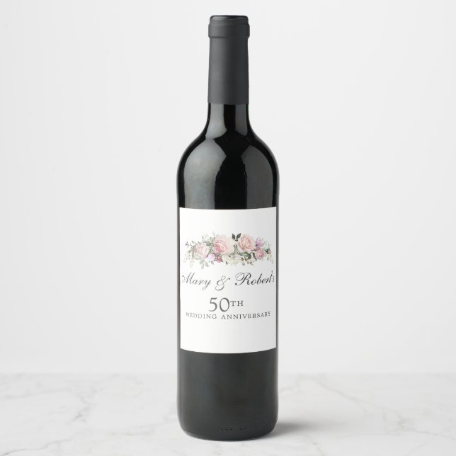 Elegant Pink Floral 50th Wedding Anniversary Party Wine Label (Front)
