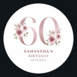 Elegant Pink Floral 60th Birthday  Classic Round Sticker<br><div class="desc">Elegant pink floral 60th birthday classic round sticker. Easy to change the text. Pretty watercolor floral.</div>