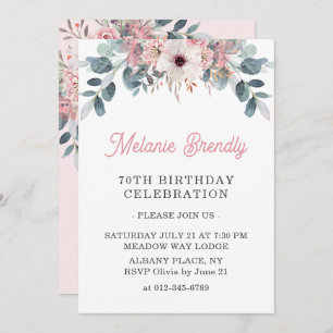 Elegant Pink Floral 70th Birthday Party Invite