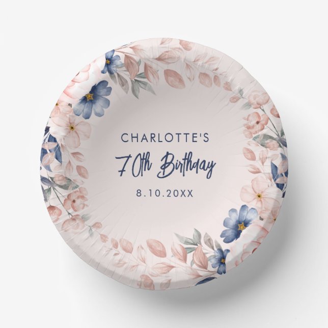 Elegant Pink Floral 70th Birthday Party Paper Plate (Front)