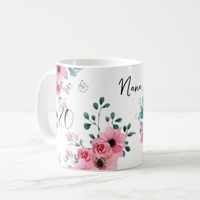 Elegant Pink Floral 80th Birthday Nana Coffee Mug (Front Left)