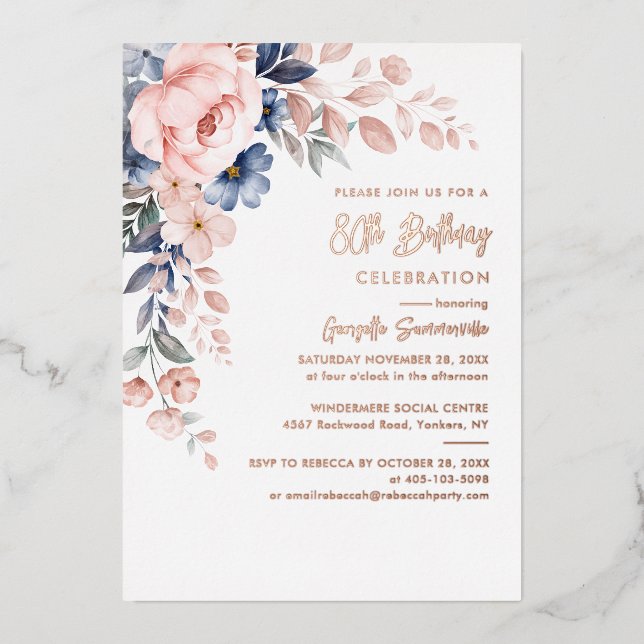 Elegant Pink Floral 80th Birthday Party Gold (Front)