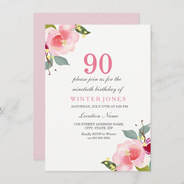 Elegant Pink Floral 90th Birthday Party Invitation (Front/Back)