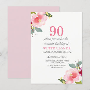 Elegant Pink Floral 90th Birthday Party Invitation