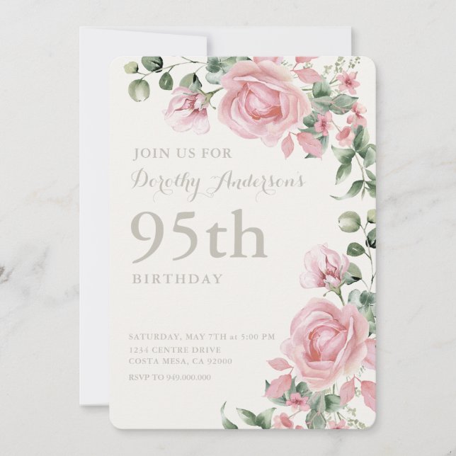 Elegant Pink Floral 95th BIrthday Party Invitation (Front)