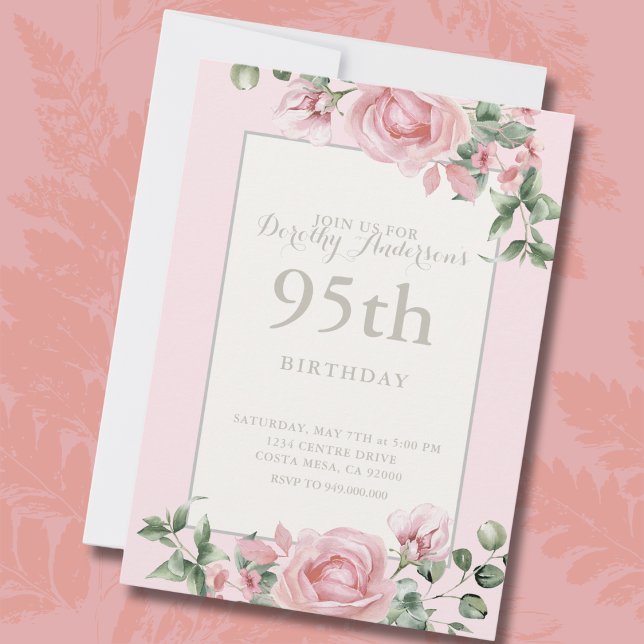Elegant Pink Floral 95th BIrthday Party Invitation (Creator Uploaded)