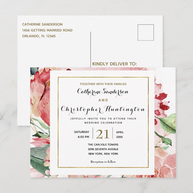 Elegant Pink Floral All In One Wedding Invitation Postcard (Front/Back)