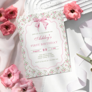 Elegant Pink Floral and Bow Girl Birthday Invitation