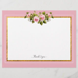 Elegant Pink Floral and Gold Frame "Thank You" Letterhead