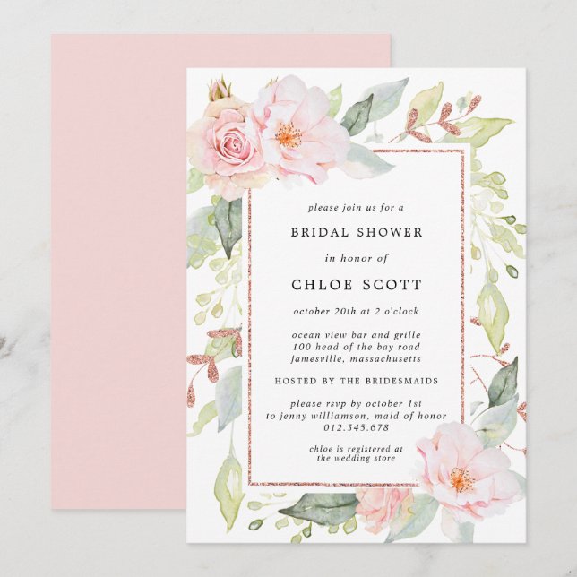 Elegant Pink Floral and Rose Gold Bridal Shower Invitation (Front/Back)