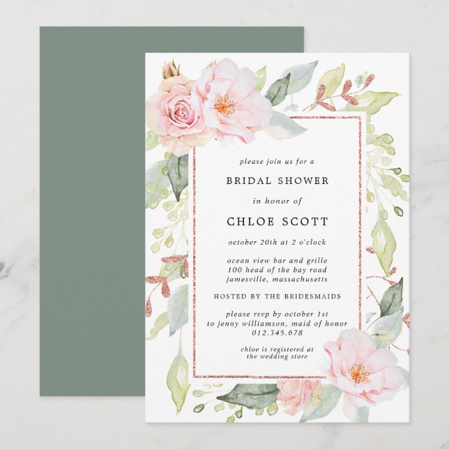 Elegant Pink Floral and Rose Gold Bridal Shower Invitation (Front/Back)