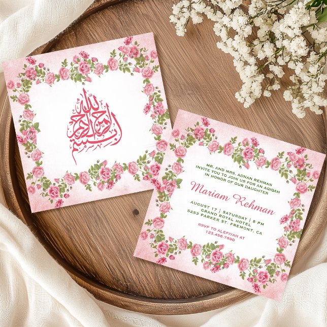 Elegant Pink Floral Baby Girl Aqiqah Invitation (Creator Uploaded)