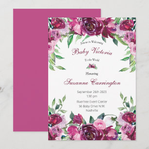 Elegant Pink Floral Baby Girl Script Baby Invitation
