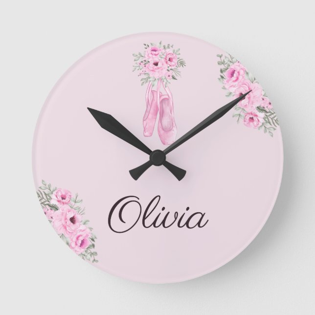 Elegant Pink Floral Ballerina Personalized Name Round Clock (Front)
