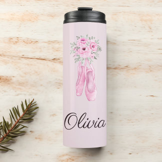 Elegant Pink Floral Ballerina Personalized Name Thermal Tumbler