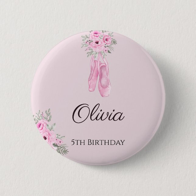 Elegant Pink Floral Ballerina Shoes Girls Birthday 2 Inch Round Button (Front)